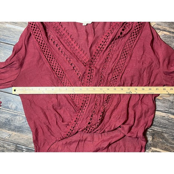 By Together Rust Crochet Lace Surplice Bell Sleeve High Low Blouse Small Peasant - Picture 5 of 9